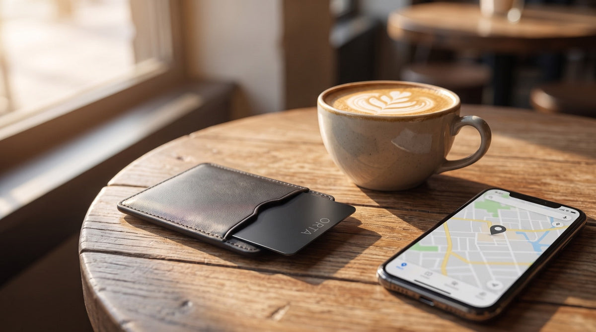Dunkles Portemonnaie mit ORTA Tracker-Karte im Kartenfach auf einem Cafetisch neben Kaffee und Smartphone mit Kartenansicht