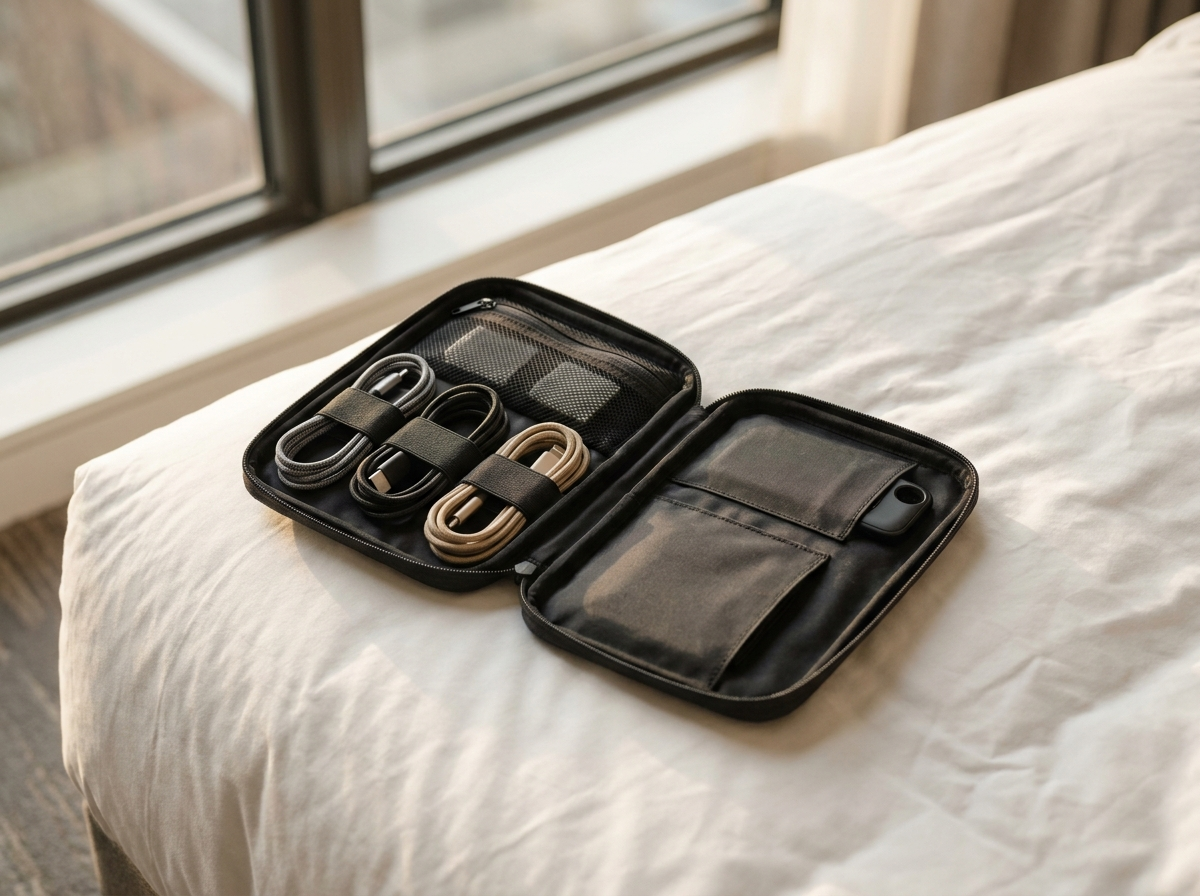 Reise-Organizer aufgeklappt auf einem Hotelbett