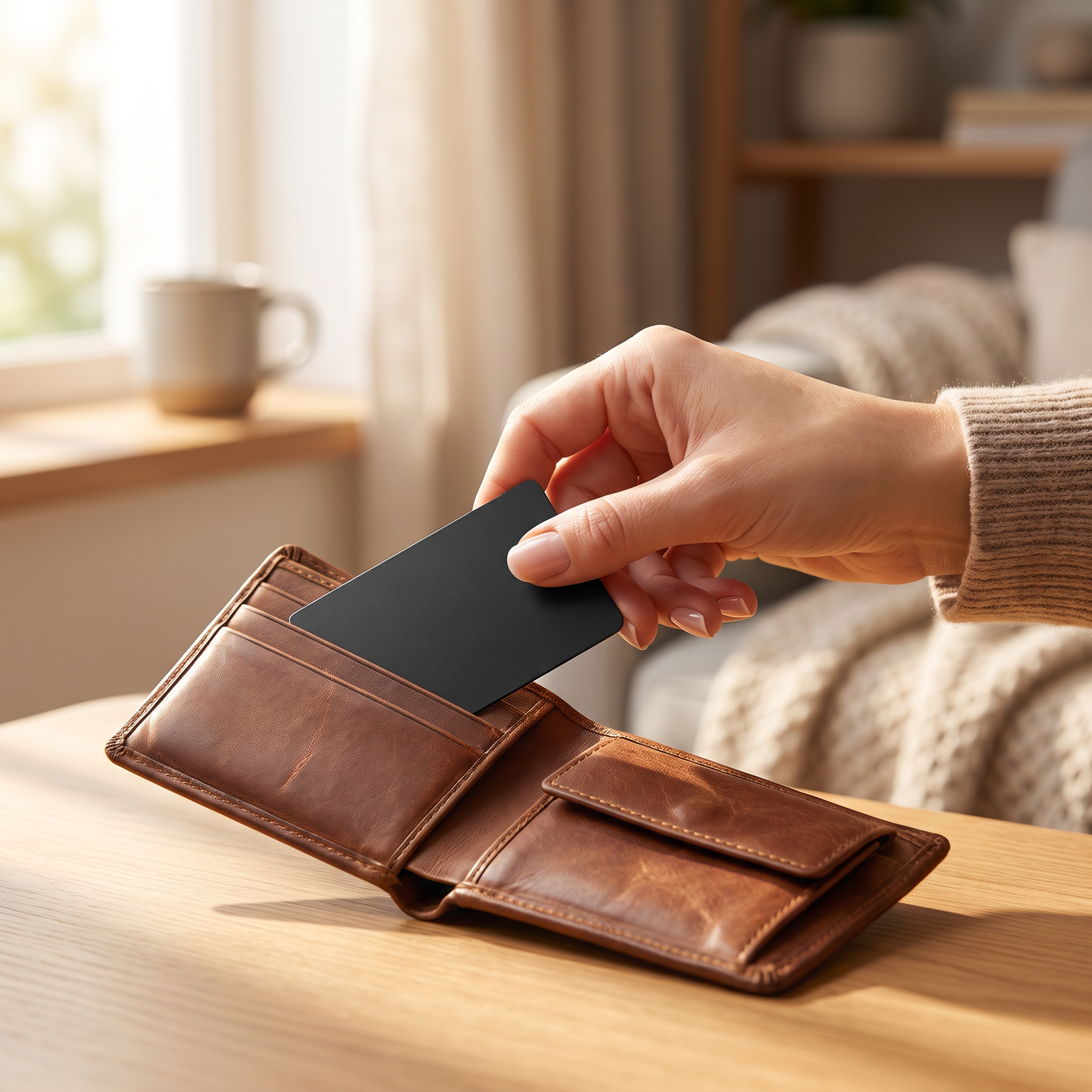 ORTA Card wird in braunes Leder-Wallet gesteckt