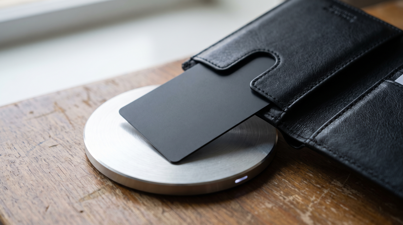 Karte gleitet aus Wallet-Fach auf Ladepad